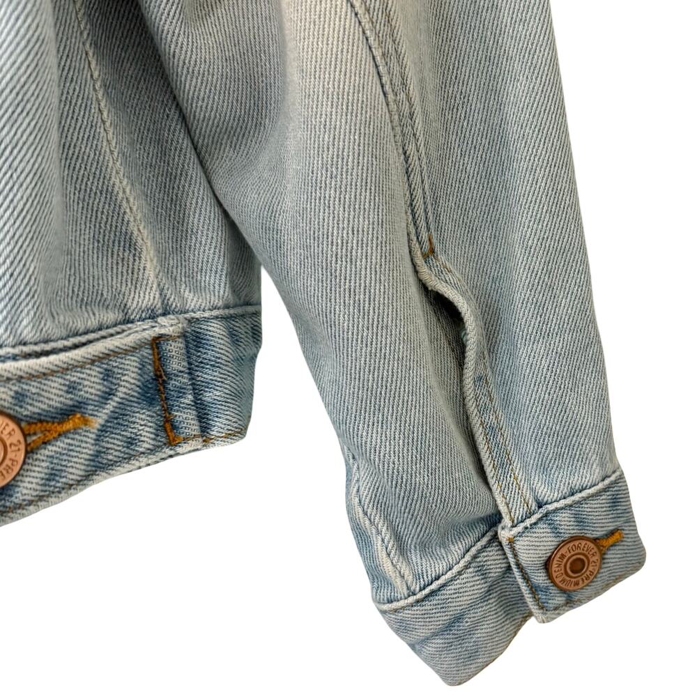 Forever 21 Blue Denim Pink Orange Floral Embroidered Distressed Jean Jacket sz M - Picture 5 of 11